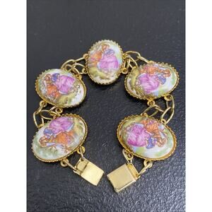 Vintage Goldette 1950s French ROMANTIC Limoges Bracelet RARE 7.5”